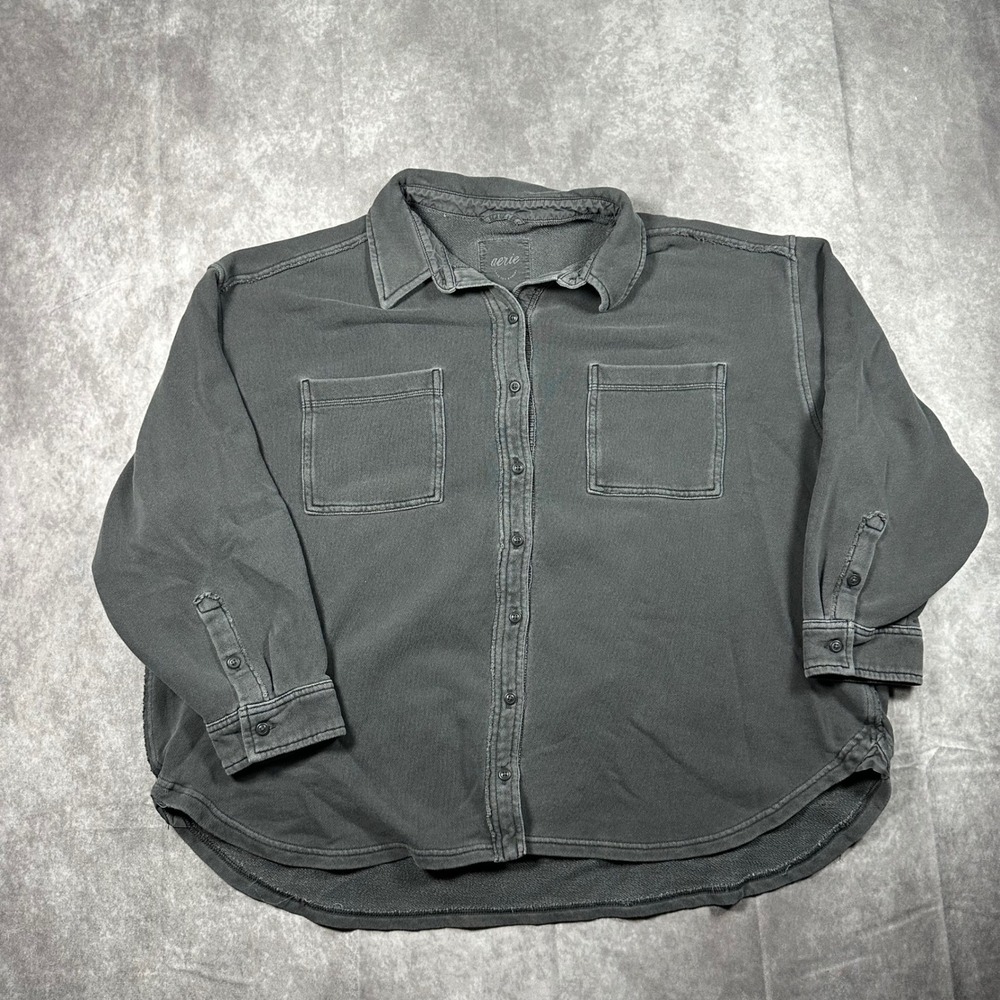Aerie Womens L Charcoal Grey Fleece Lined Shacket Cabin Button Down Jacket‎
